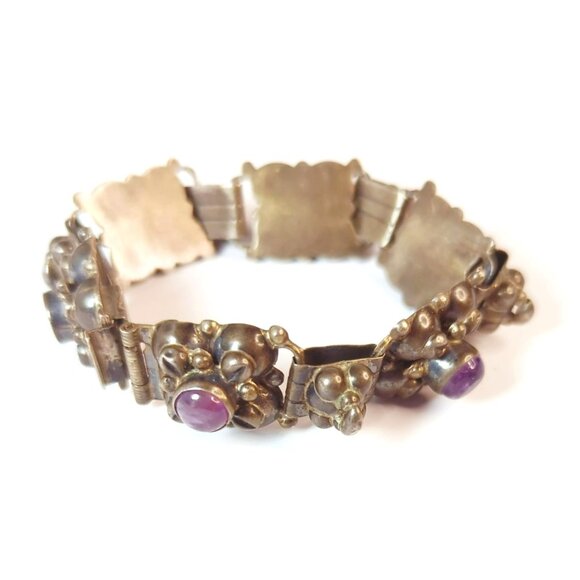 Sterling Jewelry - Vintage Sterling Silver Amethyst Cabochons Link Bracelet, Missing One Stone